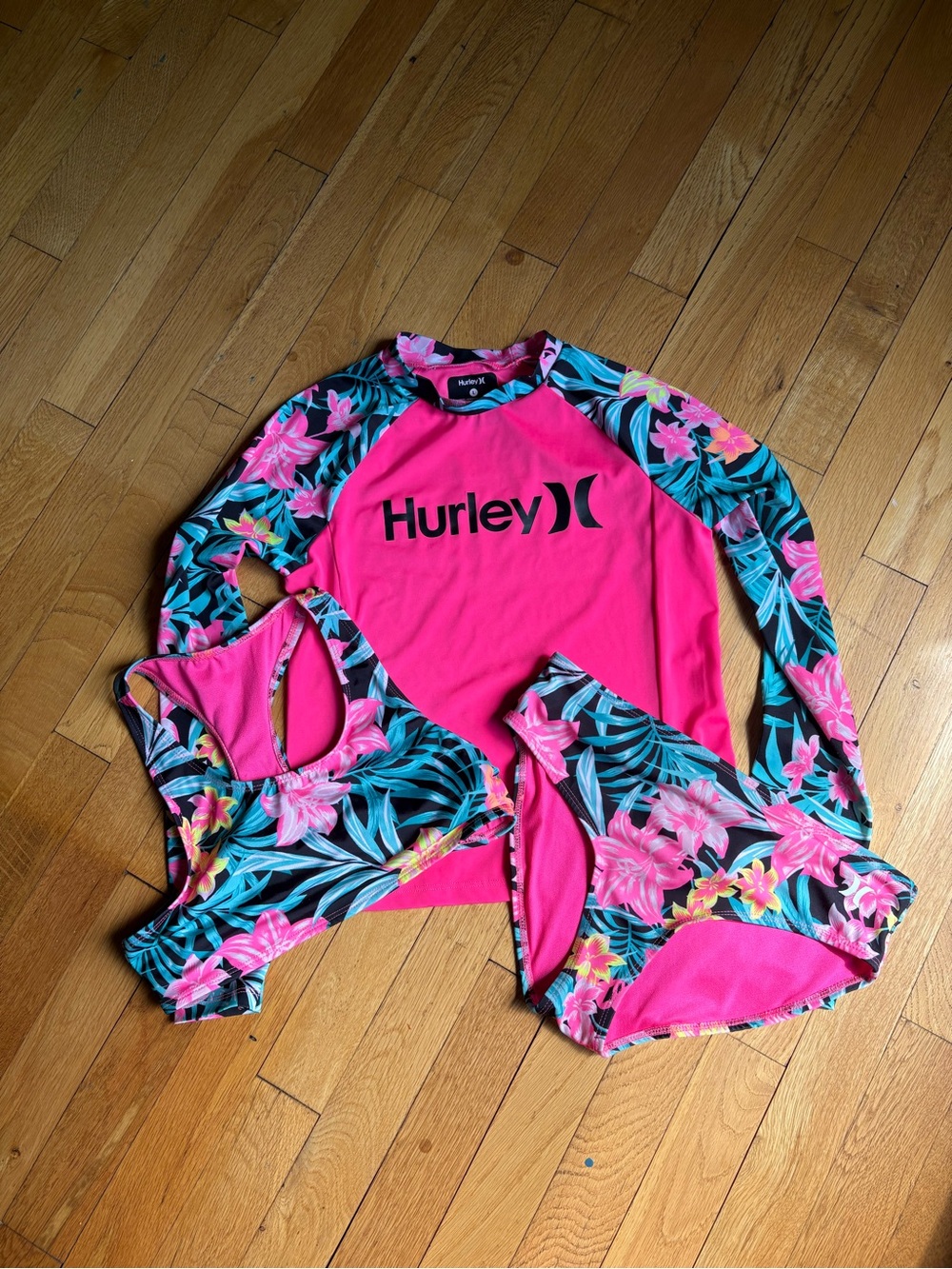 Hurley Neon Pink Floral Rash Guard Bikini Set